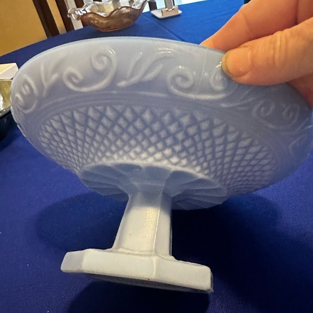 Antique 1920’s Pressed Delphite Azurite Pedestal Dish. UV lightchange to Purple!